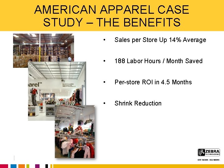 AMERICAN APPAREL CASE STUDY – THE BENEFITS • Sales per Store Up 14% Average