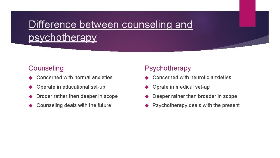 Difference between counseling and psychotherapy Counseling Psychotherapy Concerned with normal anxieties Concerned with neurotic