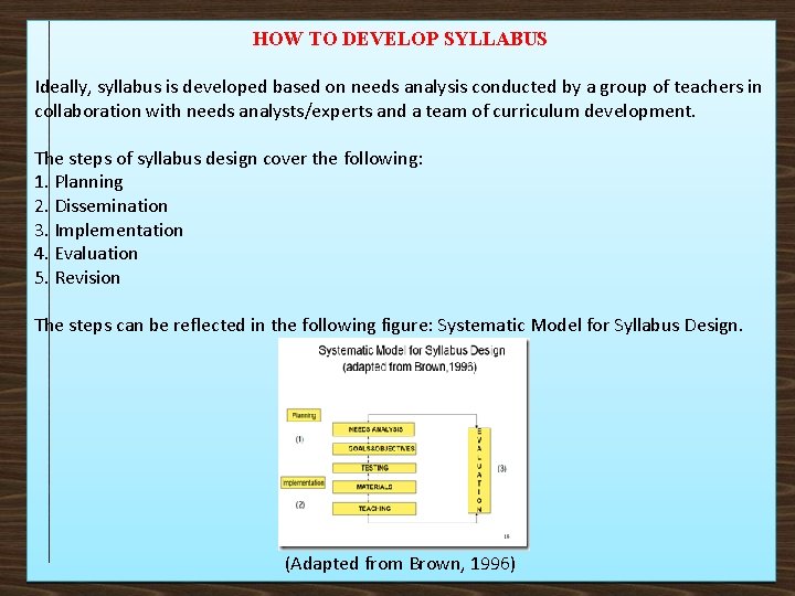 HOW TO DEVELOP SYLLABUS Ideally, syllabus is developed based on needs analysis conducted by