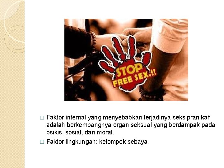 Faktor internal yang menyebabkan terjadinya seks pranikah adalah berkembangnya organ seksual yang berdampak pada