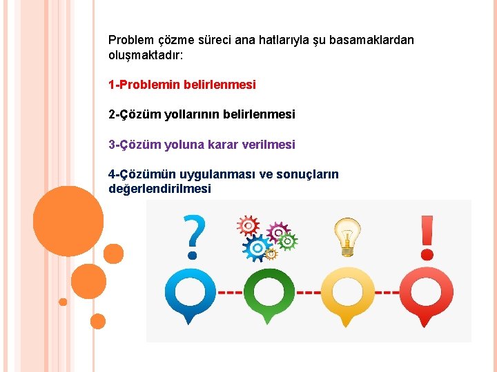 Problem çözme süreci ana hatlarıyla şu basamaklardan oluşmaktadır: 1 -Problemin belirlenmesi 2 -Çözüm yollarının