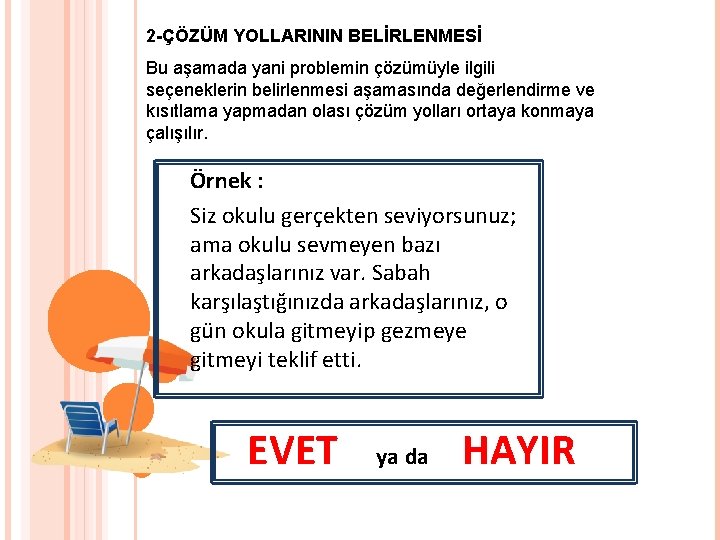 2 -ÇÖZÜM YOLLARININ BELİRLENMESİ Bu aşamada yani problemin çözümüyle ilgili seçeneklerin belirlenmesi aşamasında değerlendirme