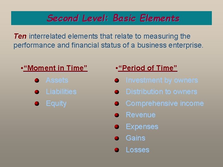 Second Level: Basic Elements Ten interrelated elements that relate to measuring the performance and