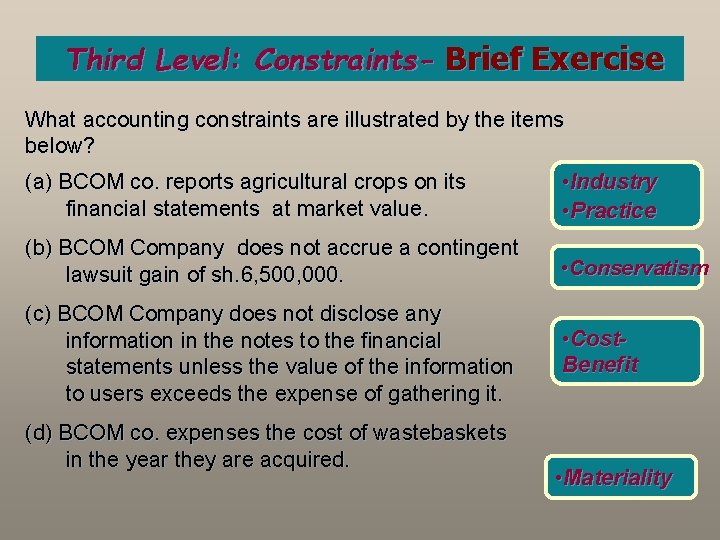 Third Level: Constraints- Brief Exercise What accounting constraints are illustrated by the items below?