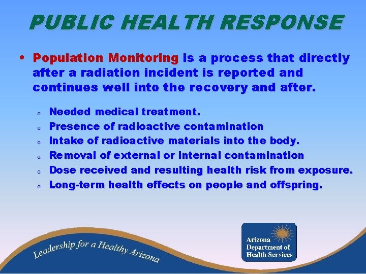 PUBLIC HEALTH RESPONSE • Population Monitoring is a process that directly after a radiation