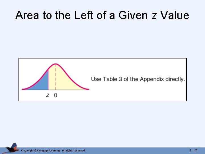 Area to the Left of a Given z Value Copyright © Cengage Learning. All Area to the Left of a Given z Value Copyright © Cengage Learning. All
