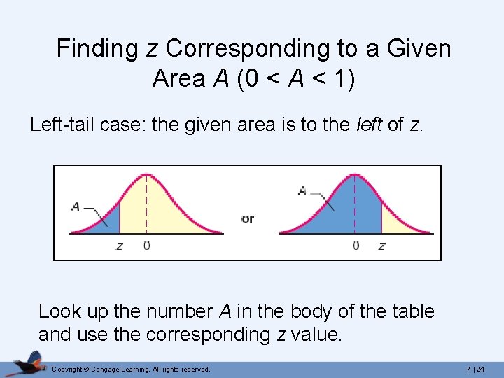 Finding z Corresponding to a Given Area A (0 < A < 1) Left-tail Finding z Corresponding to a Given Area A (0 < A < 1) Left-tail