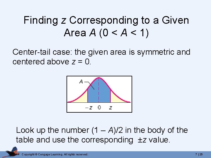 Finding z Corresponding to a Given Area A (0 < A < 1) Center-tail