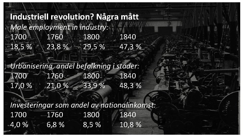 Industriell revolution? Några mått Male employment in industry: 1700 1760 1800 18, 5 %