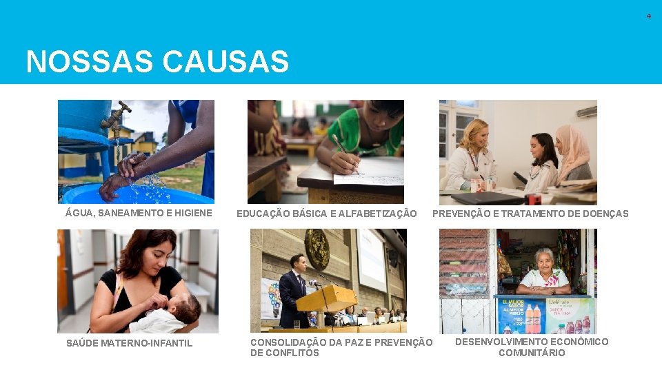 4 NOSSAS CAUSAS ÁGUA, SANEAMENTO E HIGIENE SAÚDE MATERNO-INFANTIL EDUCAÇÃO BÁSICA E ALFABETIZAÇÃO PREVENÇÃO