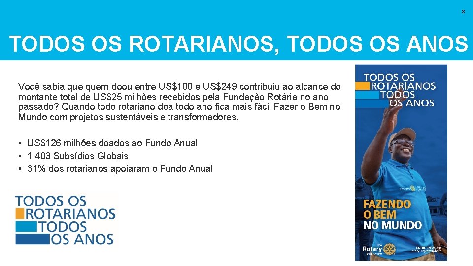 8 TODOS OS ROTARIANOS, TODOS OS ANOS Você sabia quem doou entre US$100 e