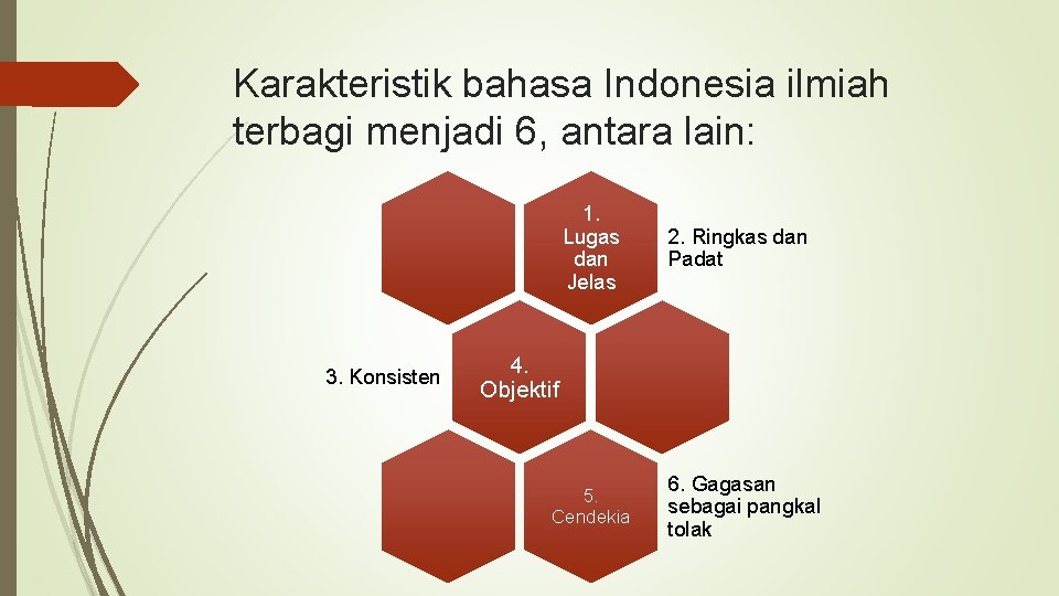 Karakteristik bahasa Indonesia ilmiah terbagi menjadi 6, antara lain: 1. Lugas dan Jelas 3.
