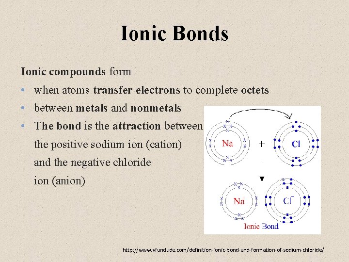 Ionic Bonds Ionic compounds form • when atoms transfer electrons to complete octets •
