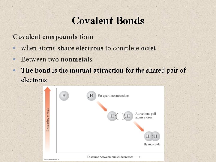 Covalent Bonds Covalent compounds form • when atoms share electrons to complete octet •