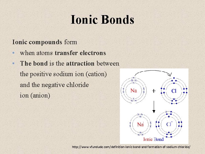 Ionic Bonds Ionic compounds form • when atoms transfer electrons • The bond is