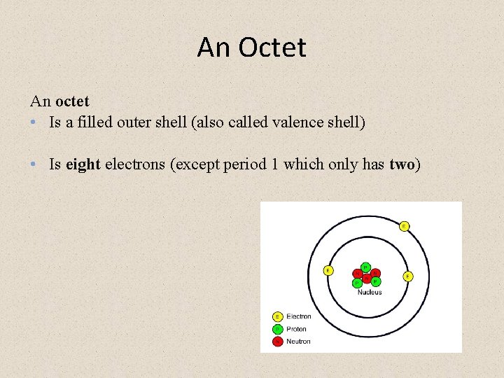 An Octet An octet • Is a filled outer shell (also called valence shell)