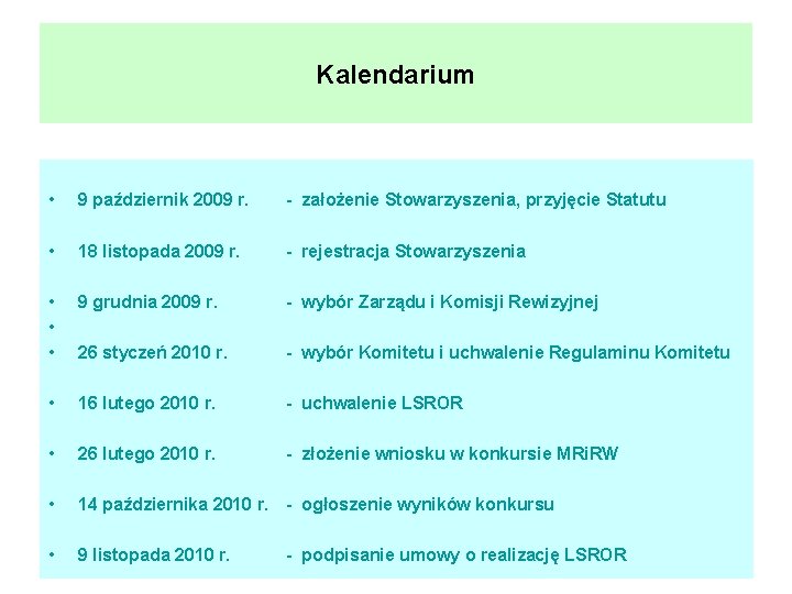 Kalendarium • • 9 październik 2009 r. - założenie Stowarzyszenia, przyjęcie Statutu 18 listopada