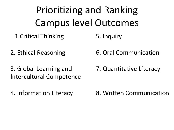 Prioritizing and Ranking Campus level Outcomes 1. Critical Thinking 5. Inquiry 2. Ethical Reasoning