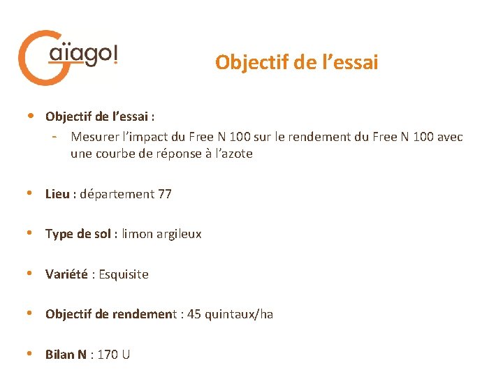 Objectif de l’essai • Objectif de l’essai : - Mesurer l’impact du Free N