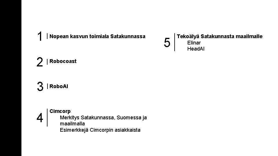 1 Nopean kasvun toimiala Satakunnassa 2 Robocoast 3 Robo. AI 4 Cimcorp Merkitys Satakunnassa,