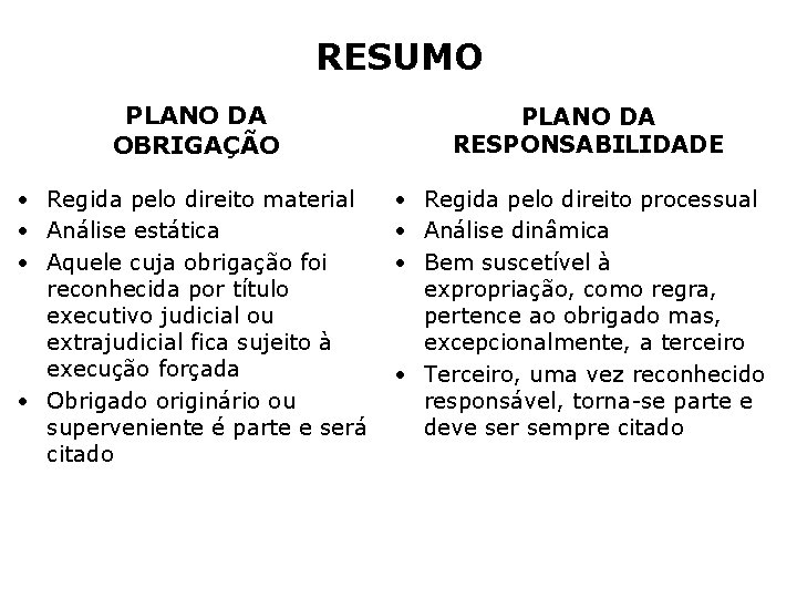 RESUMO PLANO DA OBRIGAÇÃO • Regida pelo direito material • Análise estática • Aquele