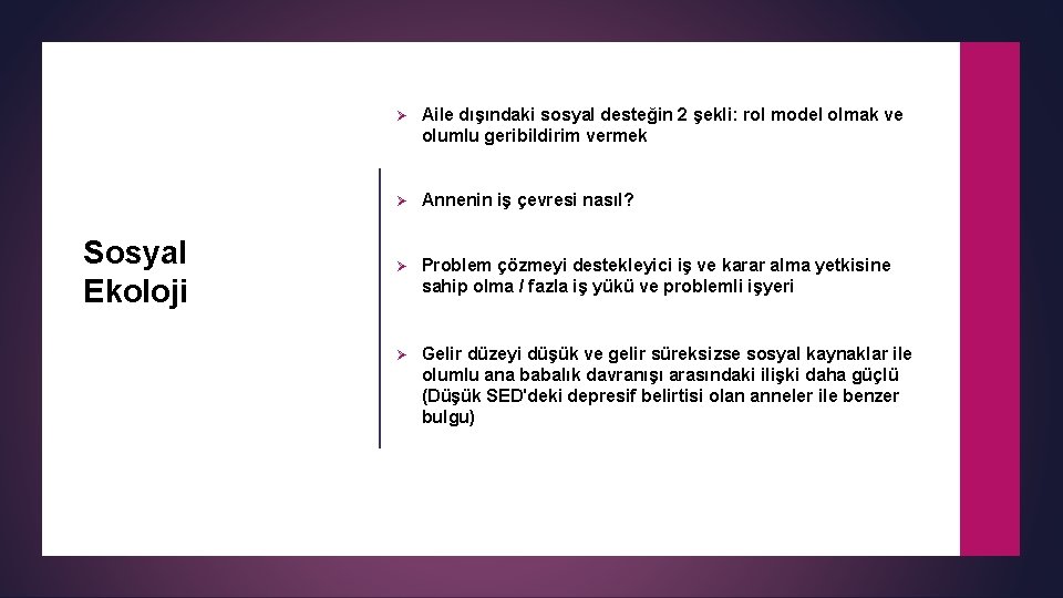 Sosyal Ekoloji Ø Aile dışındaki sosyal desteğin 2 şekli: rol model olmak ve olumlu