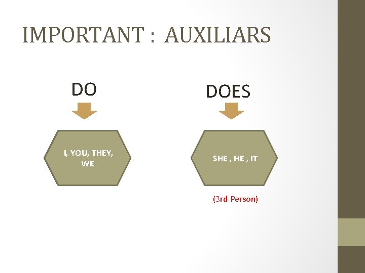 IMPORTANT : AUXILIARS DO I, YOU, THEY, WE DOES SHE , IT (3 rd