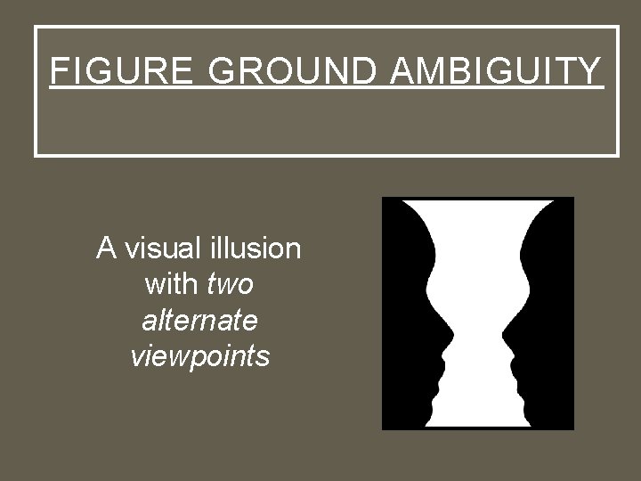 FIGURE GROUND AMBIGUITY A visual illusion with two alternate viewpoints 