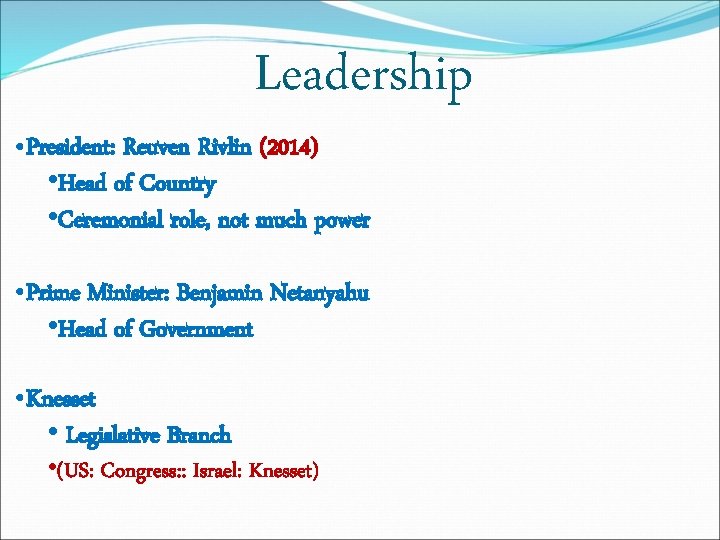 Leadership • President: Reuven Rivlin (2014) • Head of Country • Ceremonial role, not