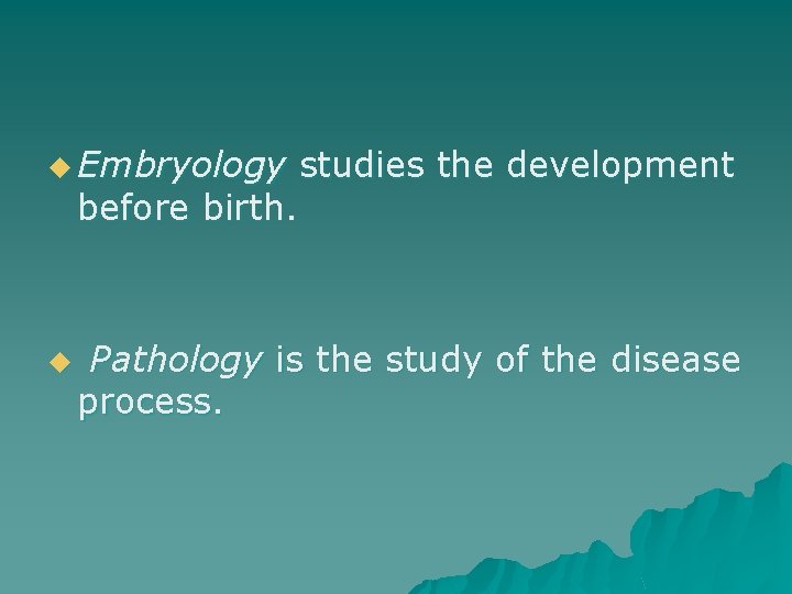 u Embryology studies the development before birth. u Pathology is the study of the