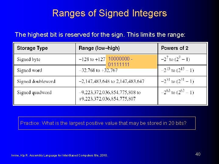 Ranges of Signed Integers The highest bit is reserved for the sign. This limits