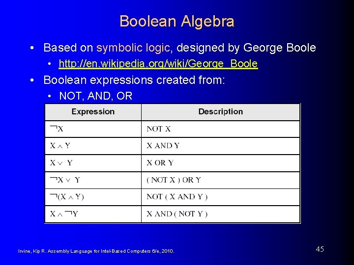Boolean Algebra • Based on symbolic logic, designed by George Boole • http: //en.