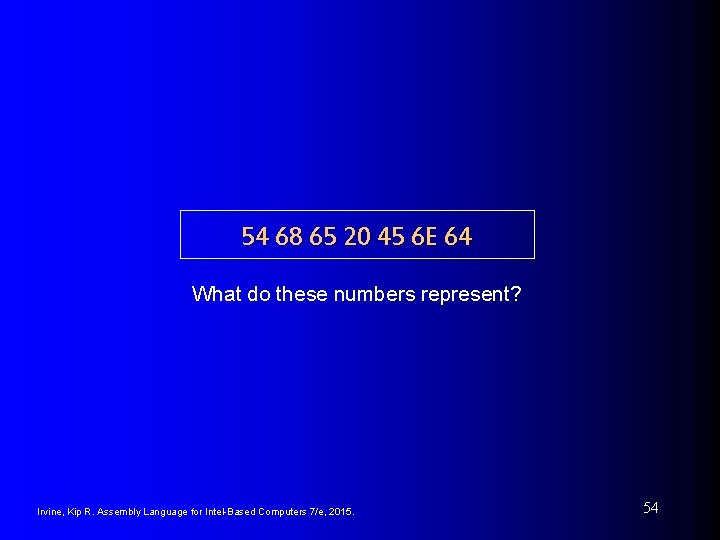 54 68 65 20 45 6 E 64 What do these numbers represent? Irvine,