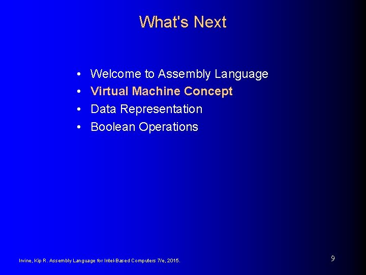 What's Next • • Welcome to Assembly Language Virtual Machine Concept Data Representation Boolean