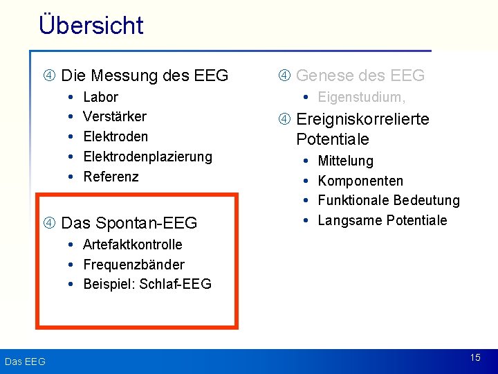 Übersicht Die Messung des EEG Labor Verstärker Elektrodenplazierung Referenz Das Spontan-EEG Genese des EEG