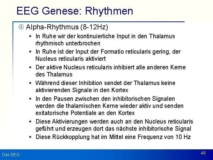 EEG Genese: Rhythmen Alpha-Rhythmus (8 -12 Hz) In Ruhe wir der kontinuierliche Input in