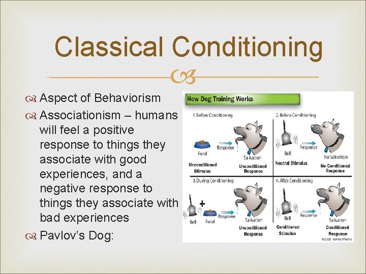 Classical Conditioning Aspect of Behaviorism Associationism – humans will feel a positive response to