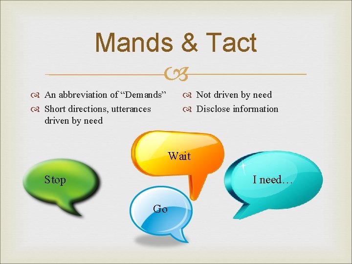 Mands & Tact An abbreviation of “Demands” Short directions, utterances driven by need Not