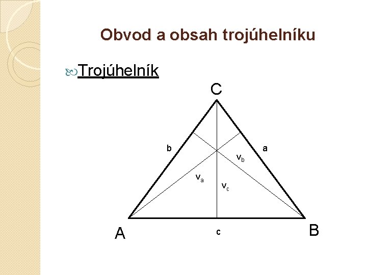 Obvod a obsah trojúhelníku Trojúhelník C b vb va A a vc c B
