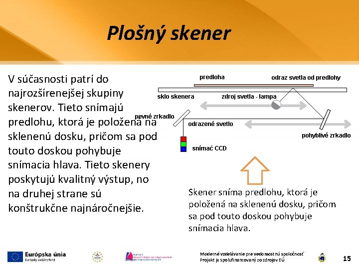 Plošný skener V súčasnosti patrí do najrozšírenejšej skupiny skenerov. Tieto snímajú predlohu, ktorá je