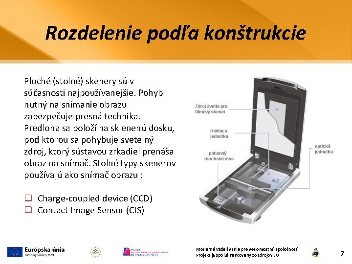 Rozdelenie podľa konštrukcie Ploché (stolné) skenery sú v súčasnosti najpoužívanejšie. Pohyb nutný na snímanie