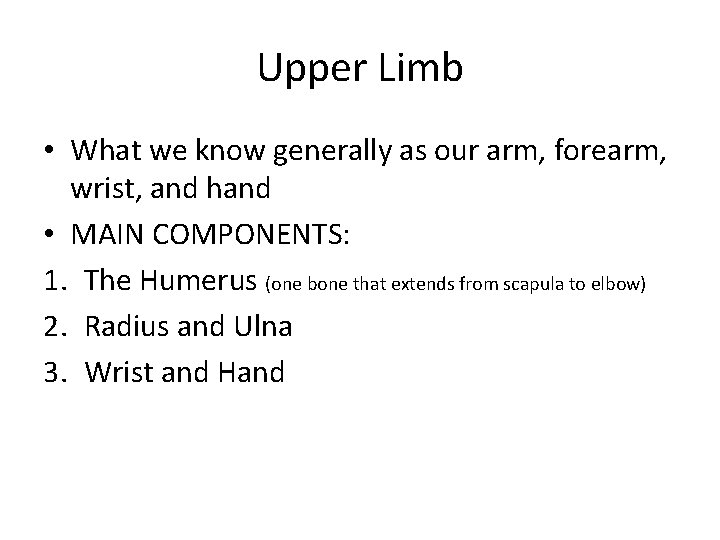 Upper Limb • What we know generally as our arm, forearm, wrist, and hand