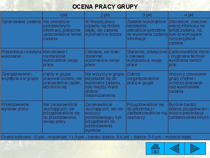 OCENA PRACY GRUPY 1 pkt 2 pkt 3 pkt 4 pkt Opracowanie zadania Nie