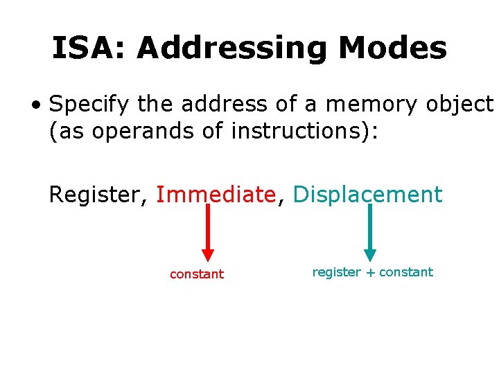 ISA: Addressing Modes • Specify the address of a memory object (as operands of