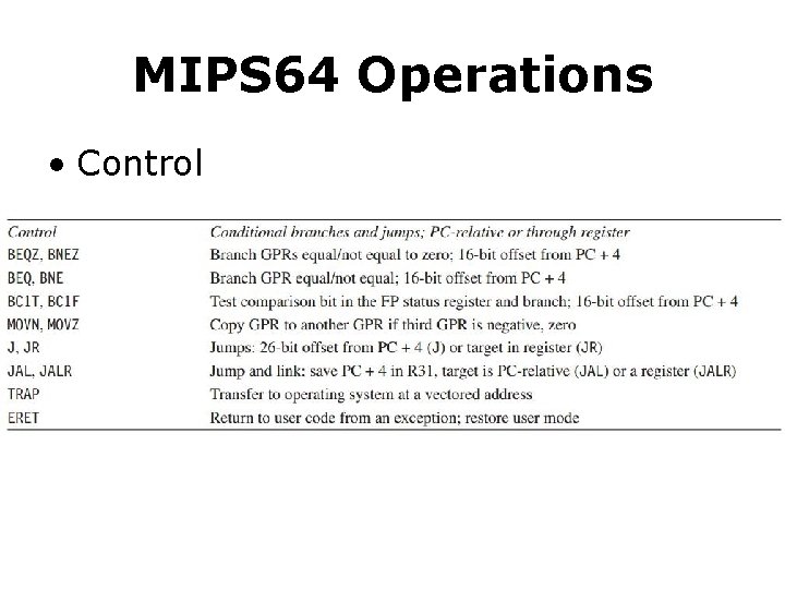 MIPS 64 Operations • Control 