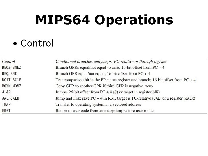 MIPS 64 Operations • Control MIPS 64 Operations • Control