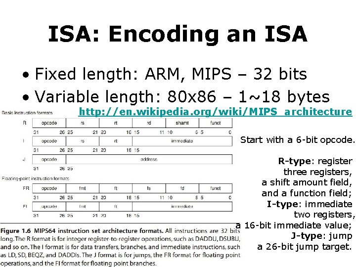 ISA: Encoding an ISA • Fixed length: ARM, MIPS – 32 bits • Variable