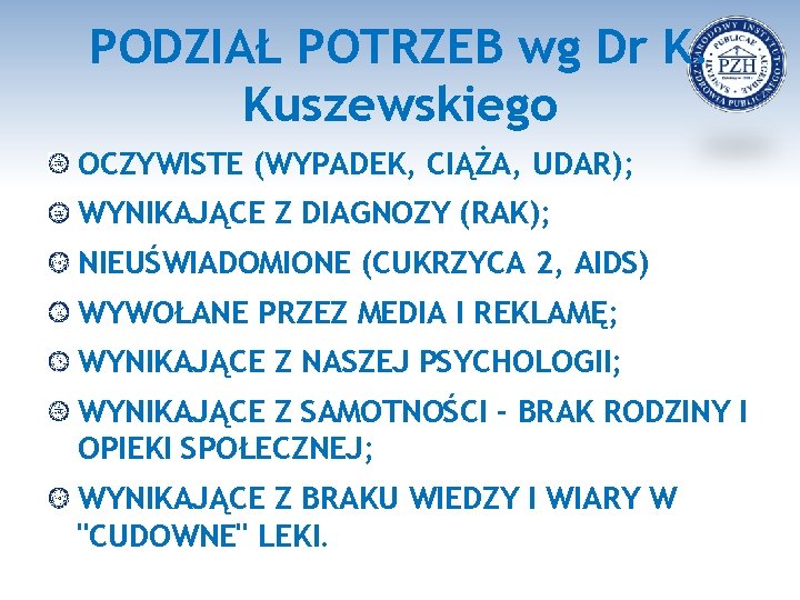 PODZIAŁ POTRZEB wg Dr K. Kuszewskiego OCZYWISTE (WYPADEK, CIĄŻA, UDAR); WYNIKAJĄCE Z DIAGNOZY (RAK);