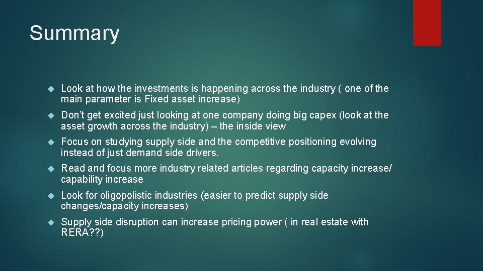 Summary Look at how the investments is happening across the industry ( one of