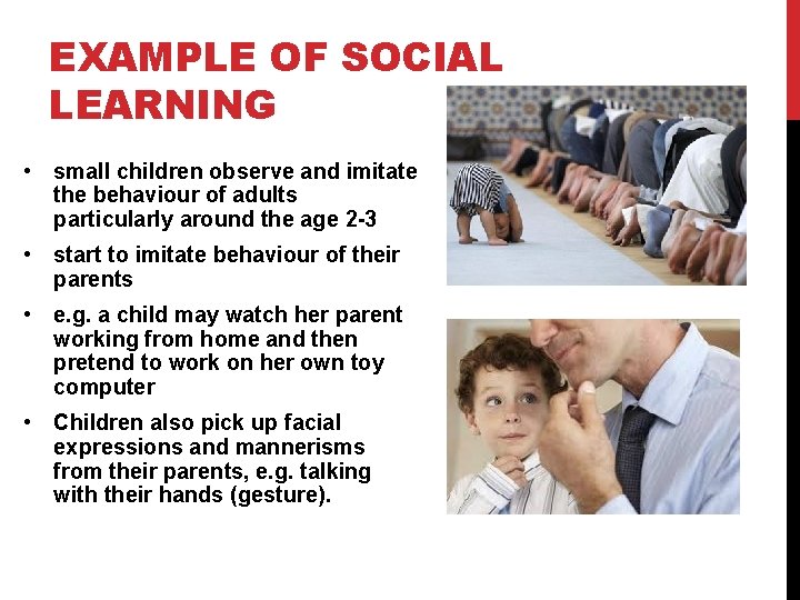 EXAMPLE OF SOCIAL LEARNING • small children observe and imitate the behaviour of adults